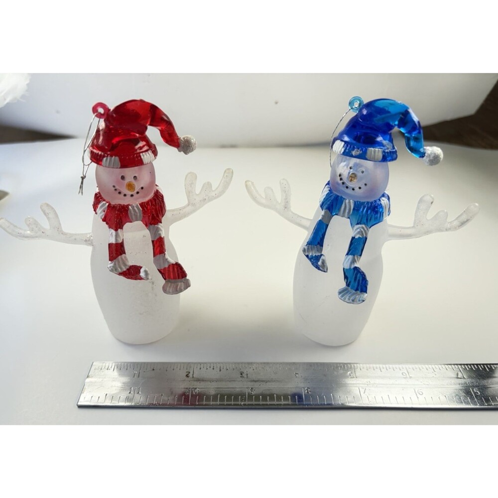 Vintage Frosted Glass Snowman Ornament Set Red Blue Hats Blown Glass Pair 4 ½” - Picture 6 of 8